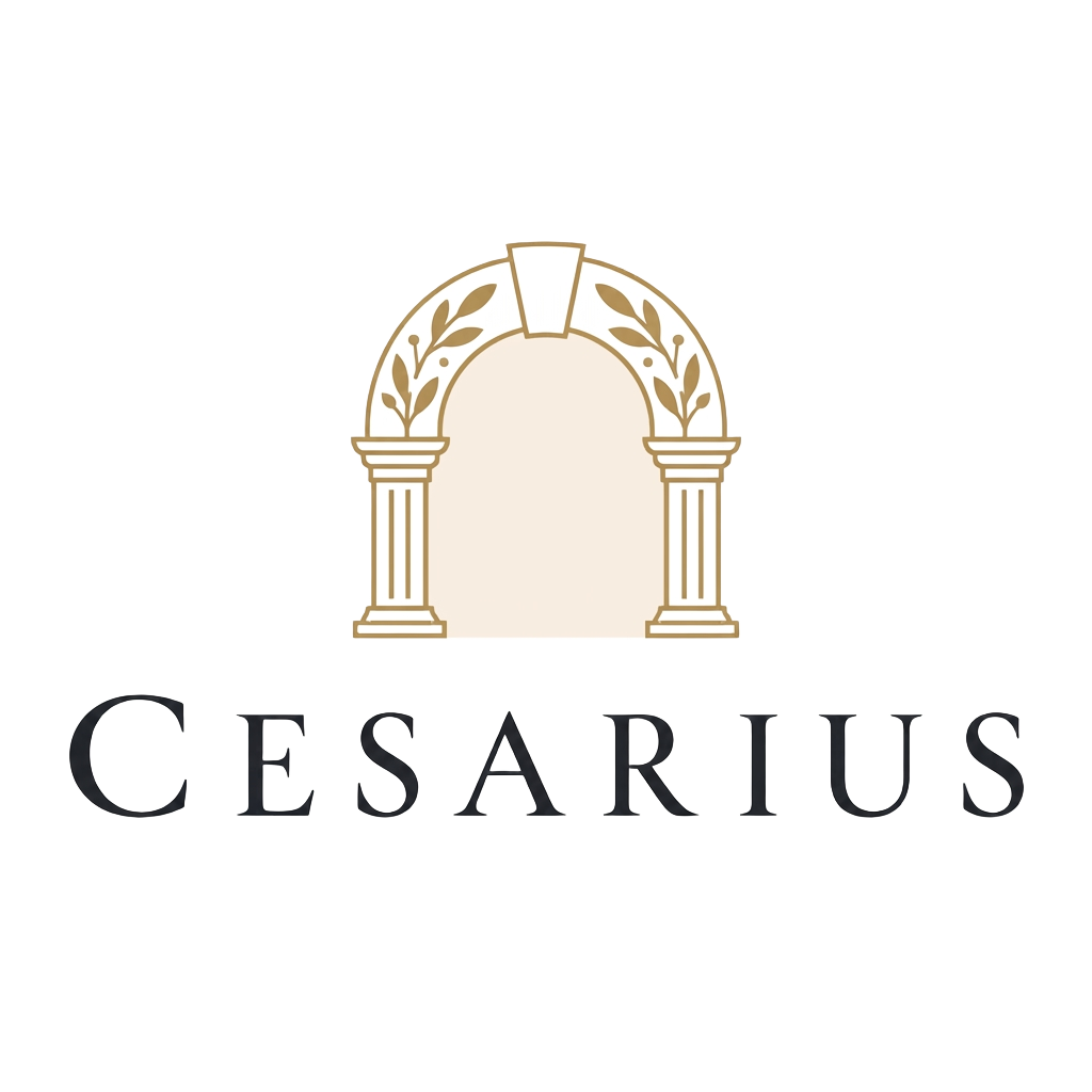 Cesarius brand mark — an arch with laurel branches above the name